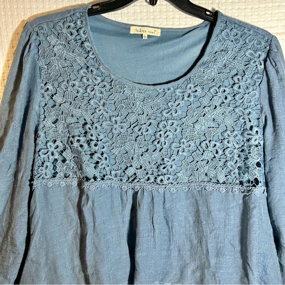 Indigo Soul Tiered Tunic Top Lace Overlay Details Boho Blue Womens Size L - Picture 5 of 11